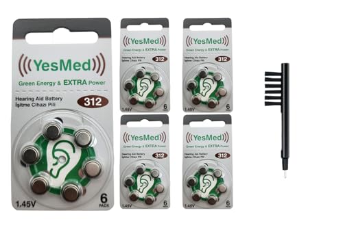 YesMed Extra Power 312 Numara İşitme Cihazı Pili (5 Paket x 6 Adet = 30 Adet Pil) + HEDİYE Mıknatıslı İşitme Cihazı Temizleme Fırçası