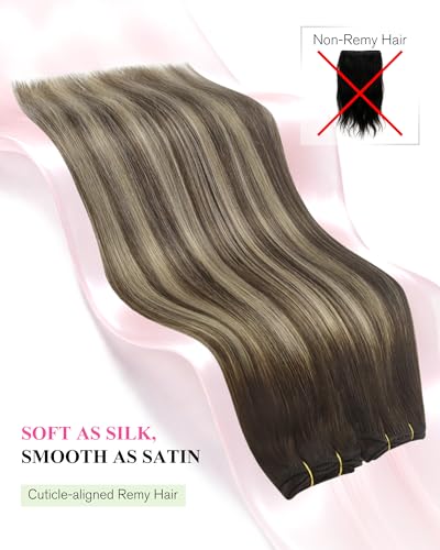 Image of YoungSee Brown Human Hair Extensions Sew in Chocolate Brown with Ash Blonde Balayage Weft Extensions One Piece Sew in Hair Extensions Human Hair for Natural Look 22 Inch 100g