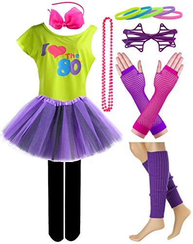 Image of Kid Girl I Love 80s T-Shirt 1980s Star Sequin Tutu Skirt with Neon Necklace Bow Headband Hair Clip Set (14 /16, Style 2-Purple)