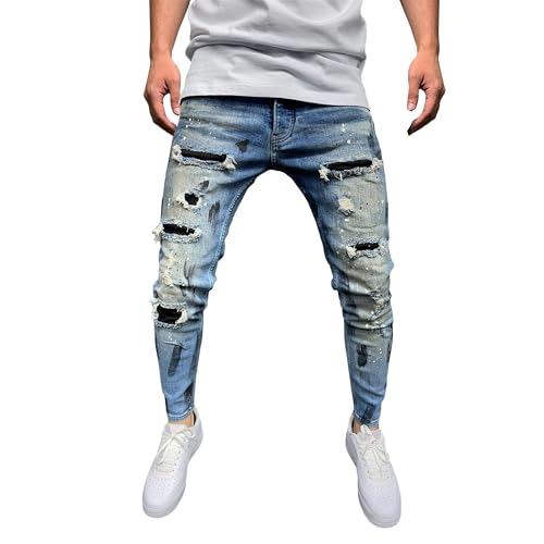 Men's Skinny Fit Denim Pants Slim Fit Ripped Tapered Leg Jeans Comfort Flex Waist Jean Pants
