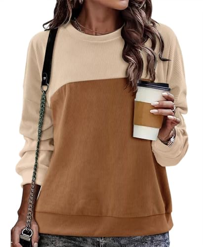 KISSMODA Women's Casual Long Sleeve Sweatshirt Color Block/Solid Crewneck Corduroy Pullover Cute Tops