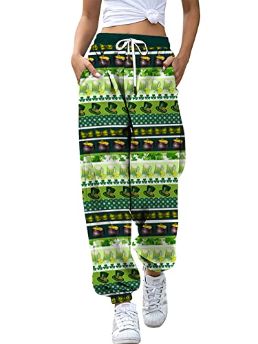 Mylleure Women St. Patrick's Day Baggy Sweatpants Pockets High Waist Print Patchwork Sport Athletic Jogger Pants Lounge Trousers