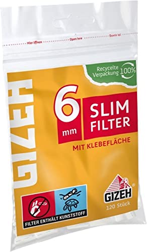 GIZEH Slim Filter – Slim Filter 6mm Durchmesser – Filter mit Klebefläche für besseren Halt – 20er Pack á 120 Filter mit 15mm Länge in wieder verschließbarem Beutel