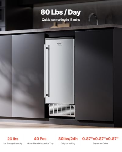 Image of VEVOR Under Counter Ice Maker Machine, 80 Lbs /Day Stainless Steel Built-in Ice Maker with Drain Pump Reversible Door, 26lbs Storage Freestanding Ice Maker for Commercial Home Kitchen