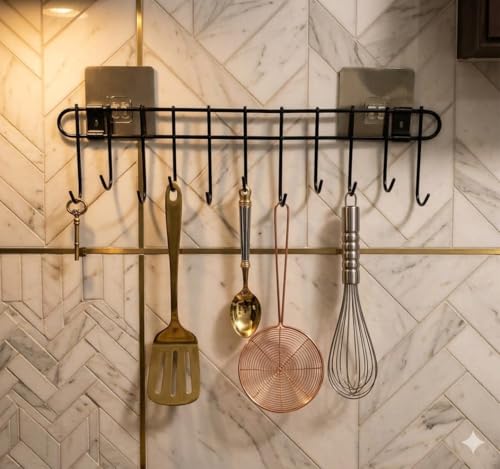 Image of Wall Mounted Kitchen Utensil Hanger with Adhesive Hooks | Heavy Duty Metal Spoon & Ladle Holder Rack | No Drilling Kitchen Organizer for Cooking Tools, Cups & Accessories (Black)