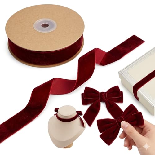 25mm Dark Red Velvet Ribbon - 10M Single-Faced Luxury Shimmer Ribbon for Gift Wrapping Bow Making Wedding Decorations DIY Crafts & Hair Accessories Premium Soft Texture Spool