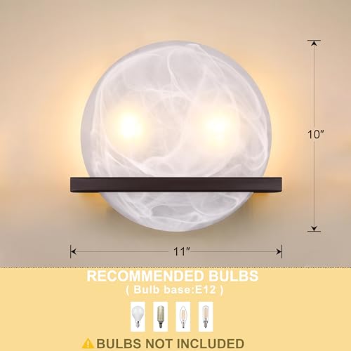 Image of 2 Light 10 inch Round Frosted Glass Bathroom Wall Sconce Modern Concise Style Wall Light Fixture,Oil Rubbed Bronze Finish for Bedroom Hallway Bedside