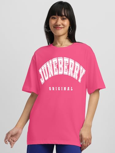 Image of JUNEBERRY Pure Cotton Oversized Drop Shoulder Brand Logo Typography Print Round-Neck Baggy Fit T-Shirt for Women (Available in Navy, Green & Pink Colors)