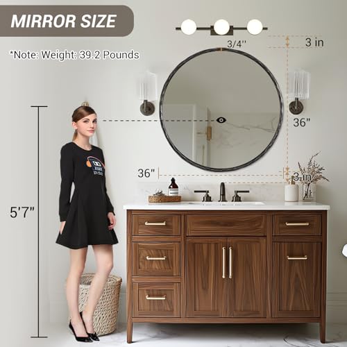 Image of ANDY STAR Hand-Forged Round Mirror for Wall, 36 Inch Black Solid Steel Metal Frame Circle Mirror, Antique Hammered Rounded Bathroom Mirror for Living Room, Bedroom, Entryway, Vanity
