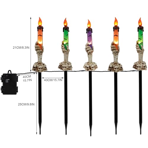 WATERGLIDE Halloween Candle Light Stakes, 5 Pack Skeleton Hands Hold Lighted Candle Pathway Makers, Waterproof Battery Operated with Timer, Light Up Figurine for Indoor Outdoor Holiday Party3