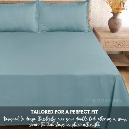 Image of HOMADORN Premium Polycotton Flat Bedsheet for Double Bed with 2 Pillow Covers - Soft, Durable & Wrinkle-Resistant (ICY Teal)