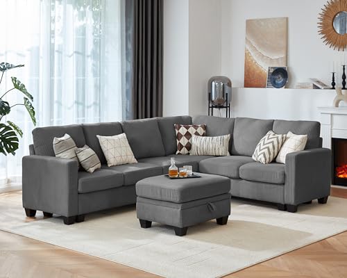 Image of CHIC HOUSE Modular Corner Sectional Sofa with Storage Ottoman, Corduroy L-Shaped Couch, Compact Small Space Furniture for Living Room & Apartment, (Dark Grey, 7 Seater L-Shaped)