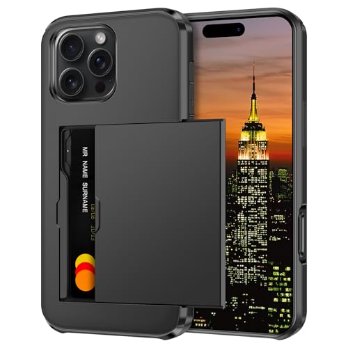 Coolden for iPhone 16 Pro Max Case with Card Holder Armor Shockproof Case Heavy Duty Protective Case Hard Back Soft TPU Bumper Hidden Card Slot Wallet Case for iPhone 16 Pro Max Phone Case (Black)