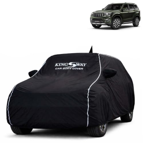 Image of KINGSWAY Super Waterproof Car Cover Only with Mahindra Scorpio N (Year 2022 Onwards - All Model) | Mirror and Antenna Pockets | All Weather Car Body Cover with Silver Piping | Black