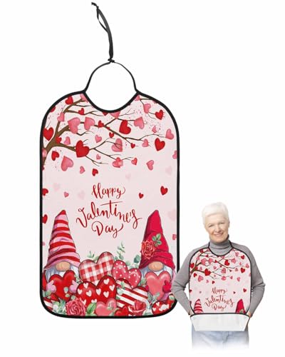 LEOKOTI Valentines Gnomes Adult Bibs for Eating, Waterproof Bibs with Food Catcher & Adjustable Snap Closure, Red Love Heart Tree Floral Pink Washable Clothing Protectors Adult Bibs for Elderly