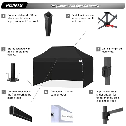 Image of ABCCANOPY Heavy Duty Instant Pop up Canopy Tent with Sidewalls10x15, Dark Black