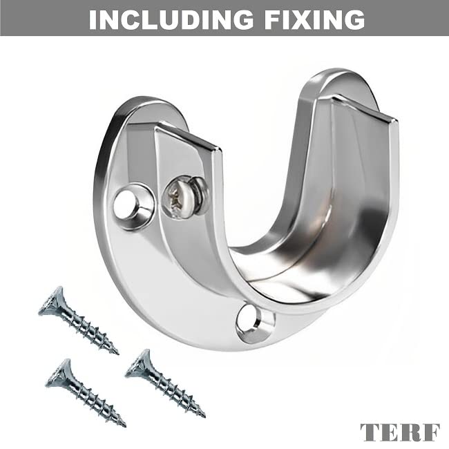 TERF® Heavy Duty Polished Chrome Curtain Wardrobe Rod Pole Rail U-Shape Socket with Holding Screw for Up to 25mm Diameter Curtain Rail Wall Mount Rod Pole Holder U-Shape Socket with Fixing - Image 2
