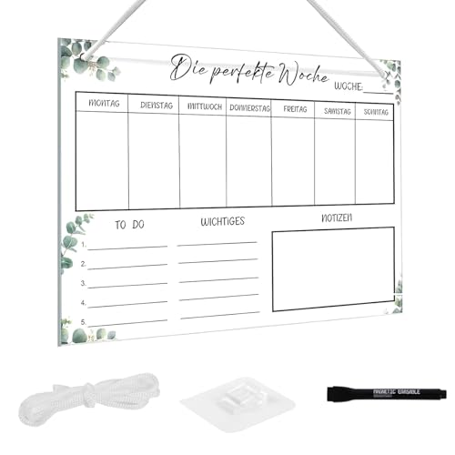Acryl Wochenplaner Abwischbar zum Aufhängen, 30 × 20 cm Wiederverwendbar Wochenplan mit 1 Magnetstift, Haken & Aufhänge Schnur, Perfekt für Büro, Schule & Haushalt