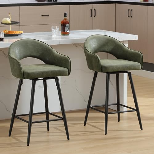 LukeAlon Juego de 2 taburetes giratorios de piel sintética, respaldo abierto, altura del asiento de 27 pulgadas, taburetes de bar bajos con patas de metal, taburetes de cocina modernos con reposapiés