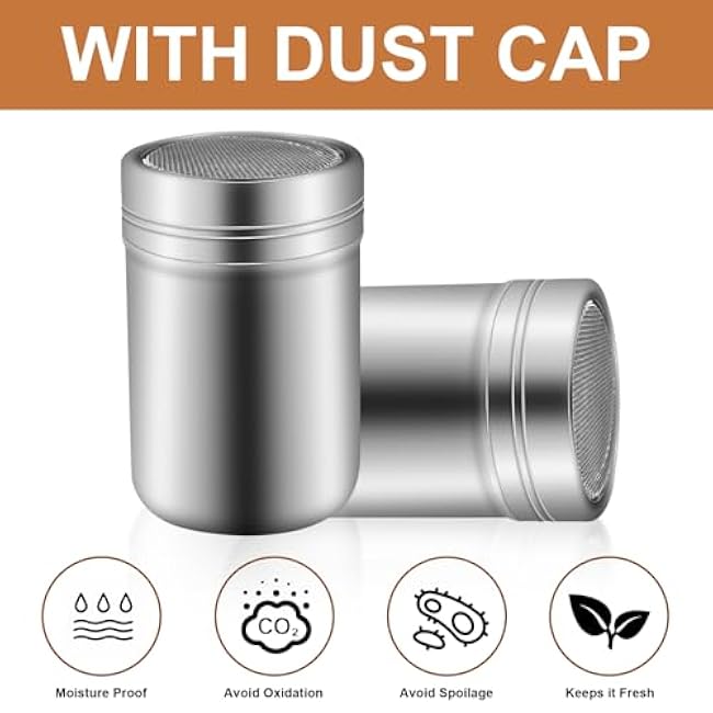 Powdered Sugar Shaker Duster Stainless Steel Powdered Sugar Fine Mesh Shaker with Lid for Cinnamon Flour Salt Pepper Powdered Sugar baking soda Cocoa Cornstarch Coffee Flour