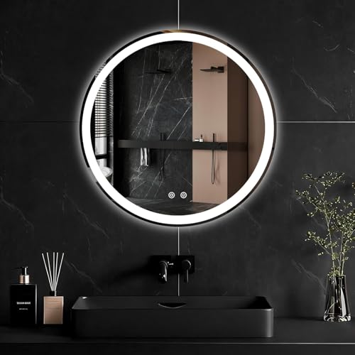 Image of Simple Deluxe Round LED Bathroom Mirror with Lights, Smart Anti-Fog LED Bathroom Mirror with Circular Dual Lights and 3-Color Temperature Memory dimming (24inch)