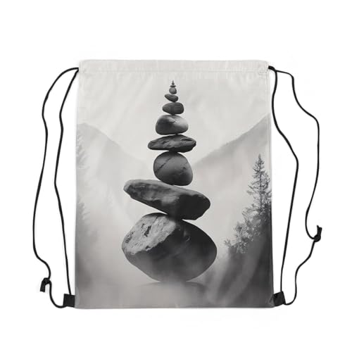 jejeloiu Mochila esportiva com cordão de música rock 33 x 39,9 cm com cordão musical, Preto, branco, cinza, 13x15.7inch, Pedra Zen
