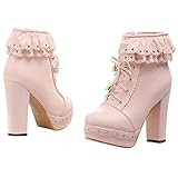  Etebella Damen Plateau High Heels Blockabsatz Schnürstiefeletten mit Reißverschluss Süße Lolita Ankle Boots Sweet Schuhe (Rosa,41)