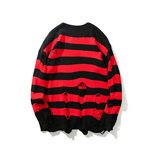 Black Red Striped Sweaters Men Oversized Ripped Hole Knit Pullover Autumn Winter Fashion Long Sleeve Clothing2