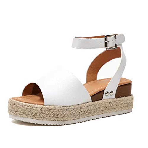 Angel ZYJ Sandalias Mujer Plataformas Verano Cuña Piel 5 CM Tacon Punta Abierta Plana Tobillo Zapato De Playa Moda Fiesta Negro Marrón Blanco Gris Leopardo Caqui Amarillo Serpiente (39 EU, Blanco)