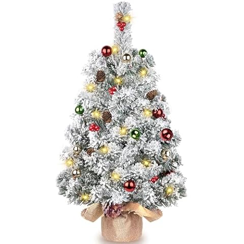 DDHS Small Flocked Christmas Tree,2ft Prelit Tabletop Christmas Tree, with 30 Lights Ornaments Balls, Pine Cones Red Berries, Pre Lit Xmas Perfect for Holiday Christmas Home Decor Cover
