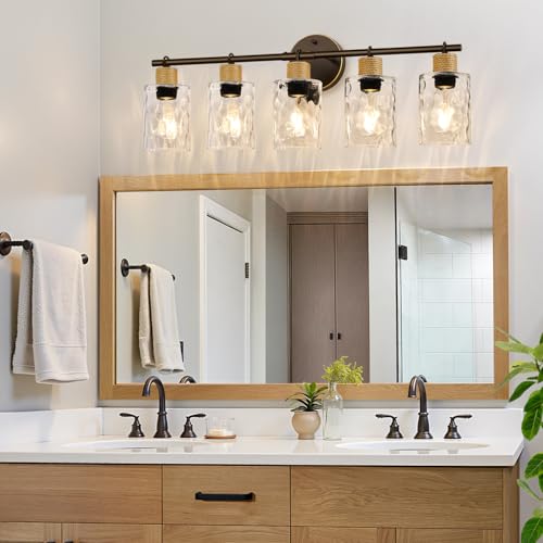 Image of MOKATNG Bathroom Light Fixtures, 5-Light Coastal Vanity Lights with Crystal Glass Shade, Oil-Rubbed Bronze Bathroom Wall Lamp for Mirror Kitchen Hallway Cabinet