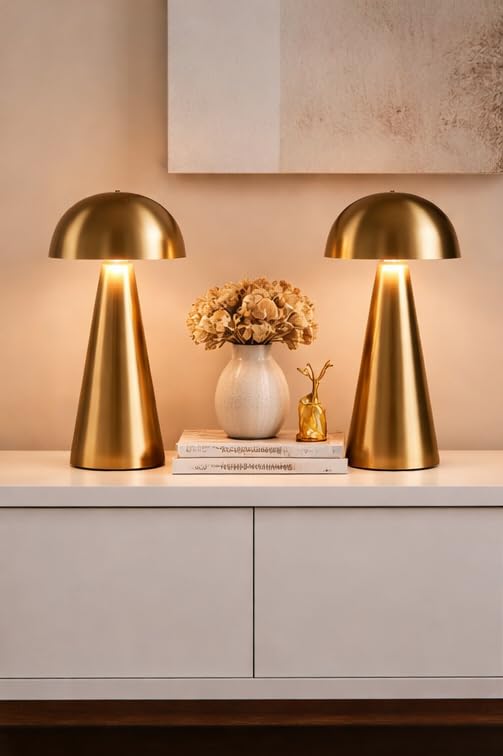 Image of blissbells Modern Gold Table Lamp - Minimalist Metal Bedside Lamp with Warm Ambient Light, Contemporary Mushroom Dome Design for Bedroom, Living Room, Office & Nightstand