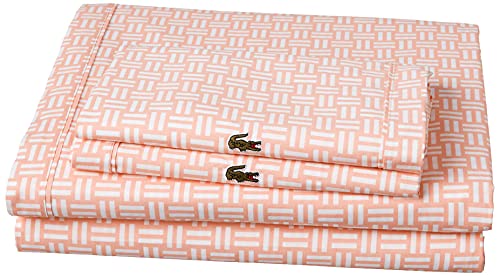 Image of Lacoste 100% Cotton Percale Sheet Set, Basketweave Print, Iced Apricot, Queen