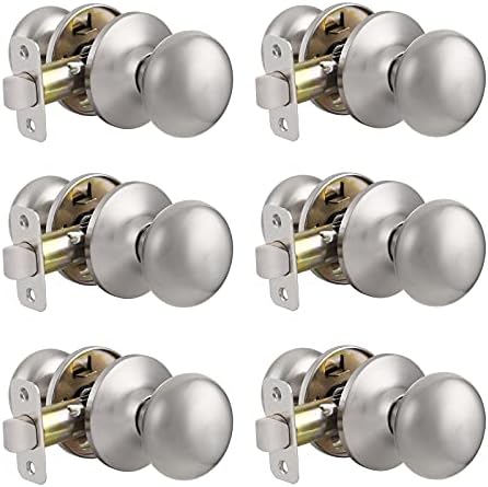 Probrico Flat Ball Passage Door Knobs Brushed Nickel Hall/Closet Door Handles, Keyless Non-Locking Interior Door Knob for Pantry French Doors, 6 Pack