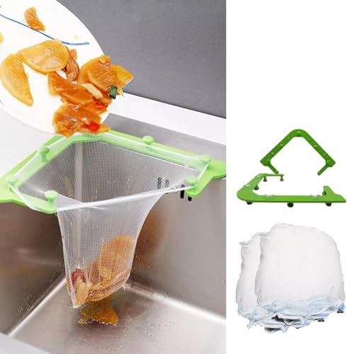 Sacchetti Raccolta Lavello 50pz + Supporto Angolare Verde | Filtro Rifiuti Cucina Rete Traspirante per Scarti Cibo, Residui, Lavandino Triangolare | Art. 70180