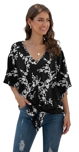 VIISHOW Womens Tie Front Chiffon Blouses V Neck Batwing Short Sleeve Summer Floral Tops Shirts2