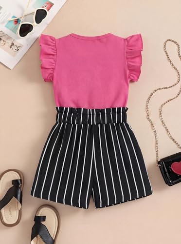 Image of Girls 2 Piece Outfits Summer Ruffle Sleeve Top and High Waisted Striped Shorts Set for Girls 7-14