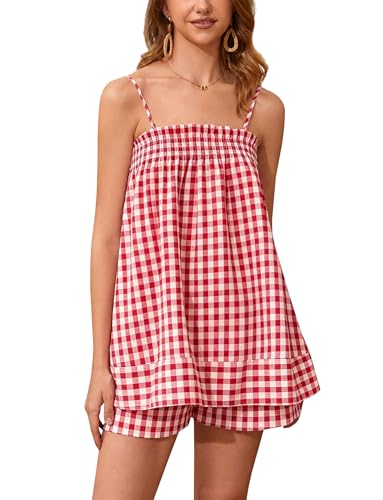 Image of calbatic Women 2 Piece Lounge Set Striped Summer Pajama Set Sleeveless Peplum Cami Top and Wide Leg Shorts Set Beachwear