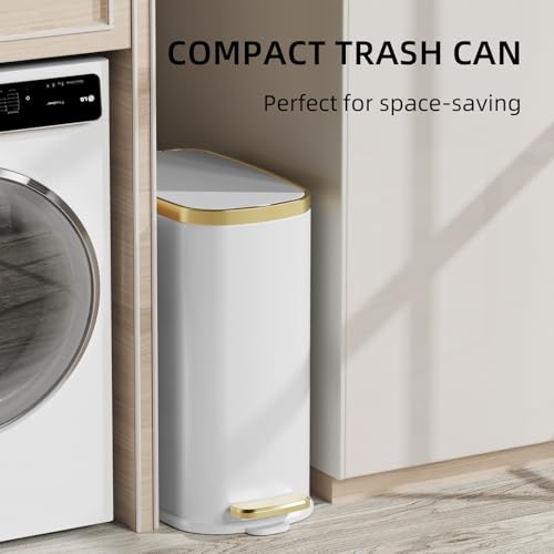 Image of KUK Small Bathroom Trash Can with Lid Soft Close, Step Pedal, 2.6 Gal Stainless Steel Garbage Can with Removable Inner Bucket, Anti-Fingerprint Wastebasket for Office, Bedroom, Toilet (White)
