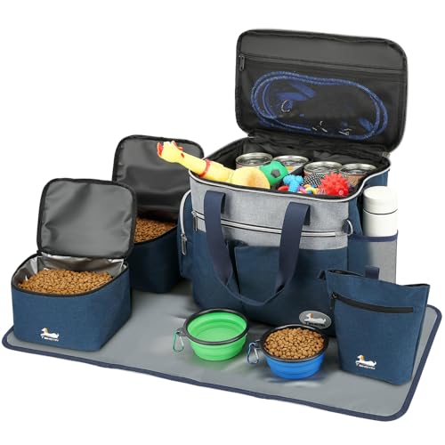 TAIHOYIN Bolsa de Viaje para Perros Kit Completo de Accesorios (7 Piezas) con Bolsas para Comida, Cuencos Plegables, Alfombrilla y Neceser Viajes y excursiones Azul
