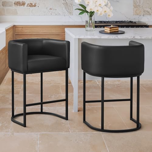 Image of LUE BONA Counter Height Bar Stools Set of 2, Modern Barrel Counter Stools with Backrest and Arms, Black Metal Frames, Faux Leather Upholstered Accent Barstools for Kitchen Island, Black