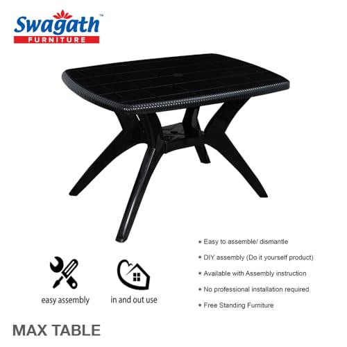 Image of Furniture 4 Seater Max Plastic Cross Leg Dining Table and 4 Nos Bloom Chair Shell with Stainless Steel Legs for Home, Garden & Cafeteria (Finish Color -Black, DIY(Do-It-Yourself)