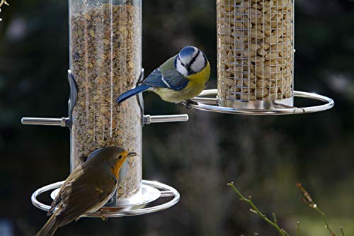 dobar® 10089 Vogelfuttersäule mit Edelstahlschlaufe - Futterstation für Wildvögel - Futterspender Acryglassilo für Sämereien - Futtertablet Stahl für Garten/Terrasse/Balkon - Ø 14 cm x 26 cm - Silber