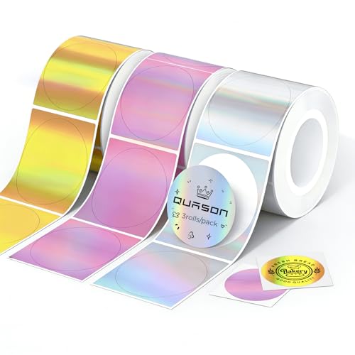 QUASON Runde holografische Thermo-Aufkleber wasserdicht Regenbogenwellen- und Glitzer-Design für Preis-/Namensschild Barcode individuelles Logo-Design BPA-frei 360 Etiketten/3 Rollen