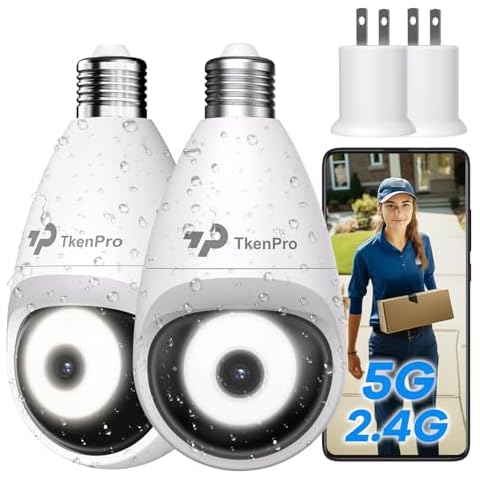 TKENPRO Light Bulb Security Camera 2 Pack, 5G&2.4G Dual-Band WiFi Light Socket Camera with 2K Color Night Vision Light Bulb Camera 360° Motion Detection IP65 Waterproof Compatible with E26/E27 Socket Cover