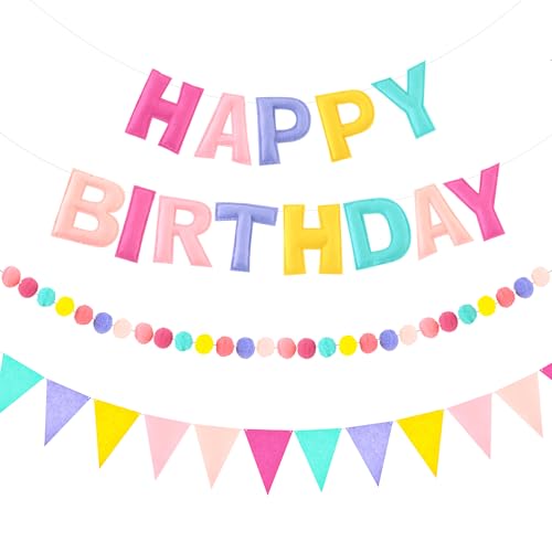 Image of CANREVEL Pre-Strung 3D Happy Birthday Banner, 3 PCS Happy Birthday Felt Garland, Pom Pom Garland, Triangle Fabric Garland Bunting, Reusable Birthday Decorations for Women Men Girls Boys, Pastel Candy