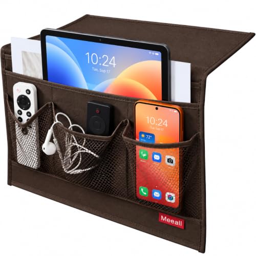 Meeall Bedside Storage Organizer with 4 Pockets, Bedside Caddy, Table Cabinet Storage Organizer for TV Remote Control, Phones, Magazines, Tablets, Accessories, Brown