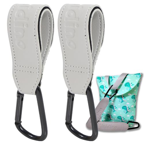 Minidino® Pack 2 Ganchos Carro Bebe y 1 Pañalera Bebe – Gancho Carro Bebe Multifuncional y Universal – Bolsa Carro Bebe Impermeable 24x18 cm - Ganchos Silla Paseo Grises - Set Accesorios Carrito Bebe