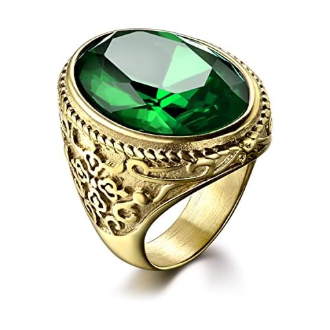 MASOP VOGU Vintage Stainless Steel Mens Rings Luxury Jewelry Oval Green Cubic Zirconia Stone Simulated Emerald Size 8 Cover