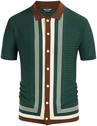 Short Sleeve Vintage 60s Bowling Shirt for Men Striped Polo Shirts Dark Green XXL